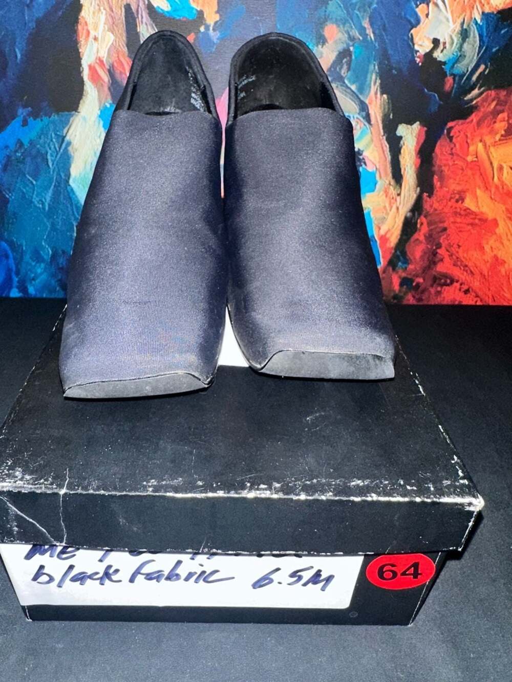 No.74 Me Too Hara Black Fabric Upper Block Heel Slip-On Shoes Size 6.5